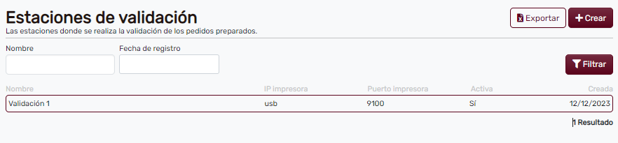 Página principal de estaciones de validación