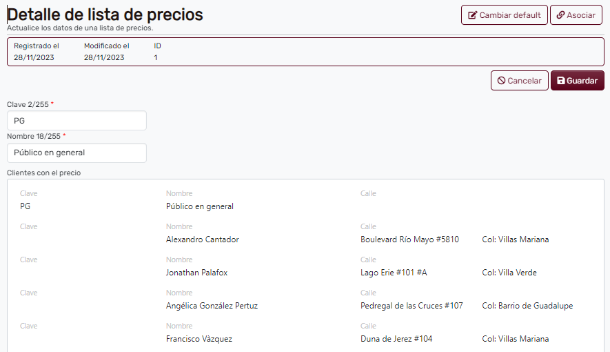 Detalles de Lista de precios