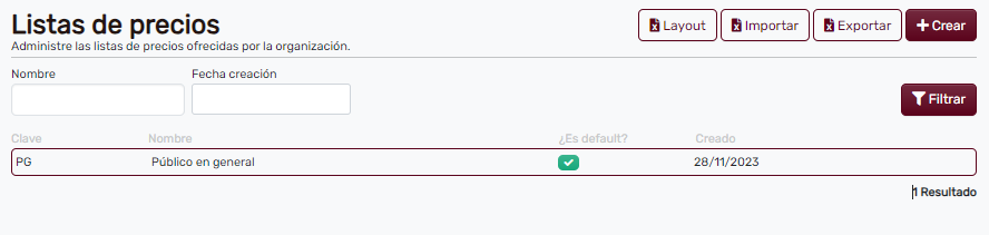 Página principal de Listas de precios