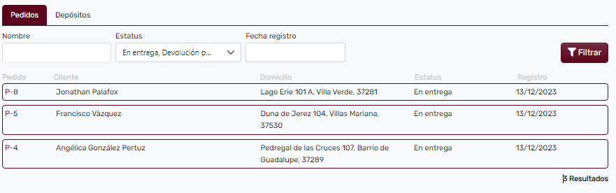 Registros de pedidos